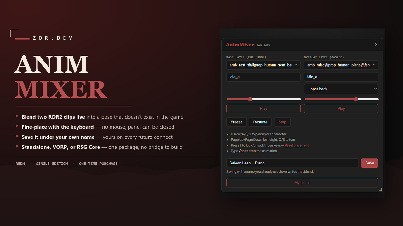 ZOR AnimMixer — blending two clips live in-game, RedM.